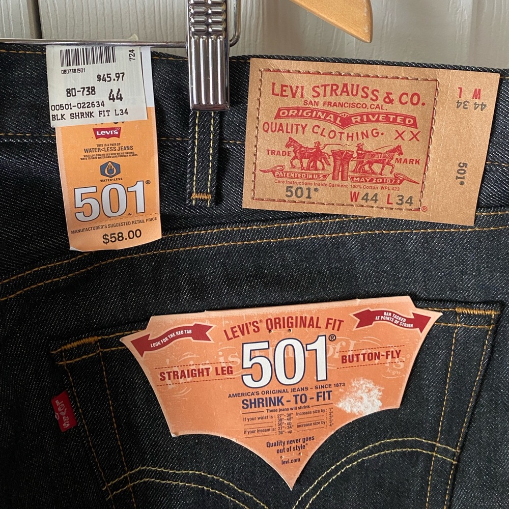 🆕 LEVI’S 501 Shrink-to-Fit Black Wash Straight Leg Button-Fly Denim Jeans 44/34 - Picture 5 of 11